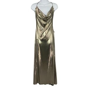 JLuxLabel Gold Metallic Maxi Dress Slinky Cowl Neck Halter Backless XL